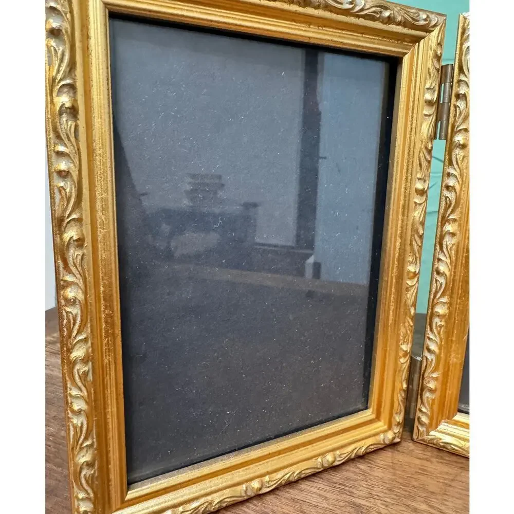 Vintage Gold Tone Hinged Double Picture Frame - 5
